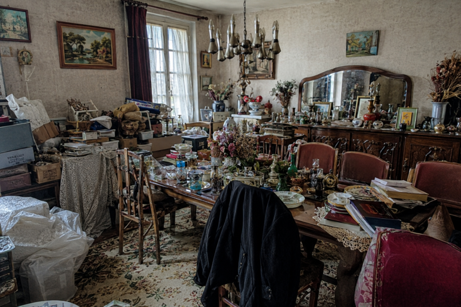 Meubles anciens, vaisselle et bibelots réunis dans une salle à manger avant estimation