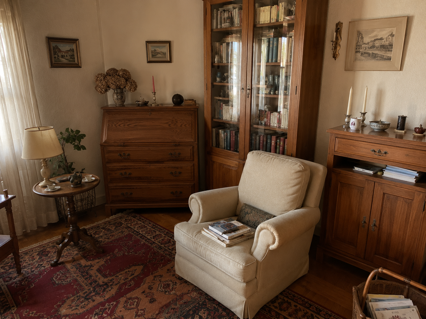 Salon garni de mobilier ancien et d'une bibliothèque vitrée, estimé pendant la visite