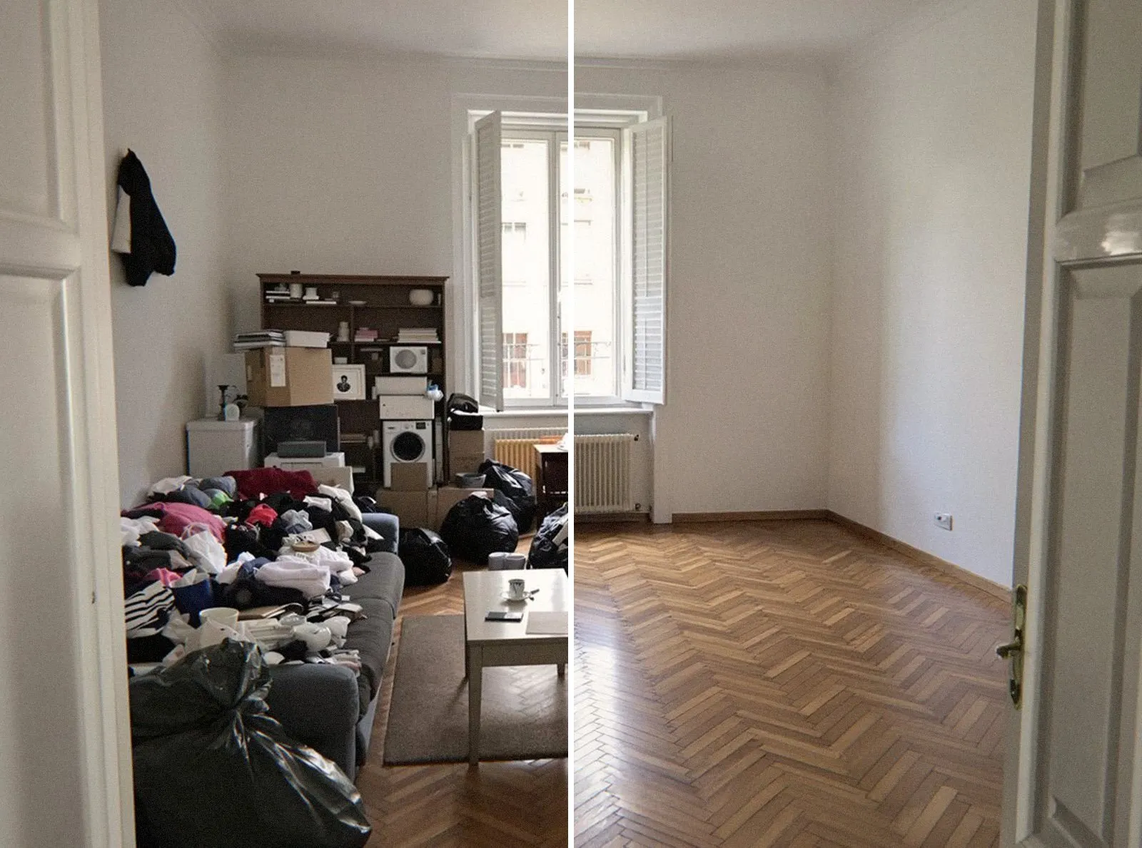 Séjour d'un appartement de Lyon avant et après le débarras : à gauche la pièce encombrée, à droite la même pièce vidée