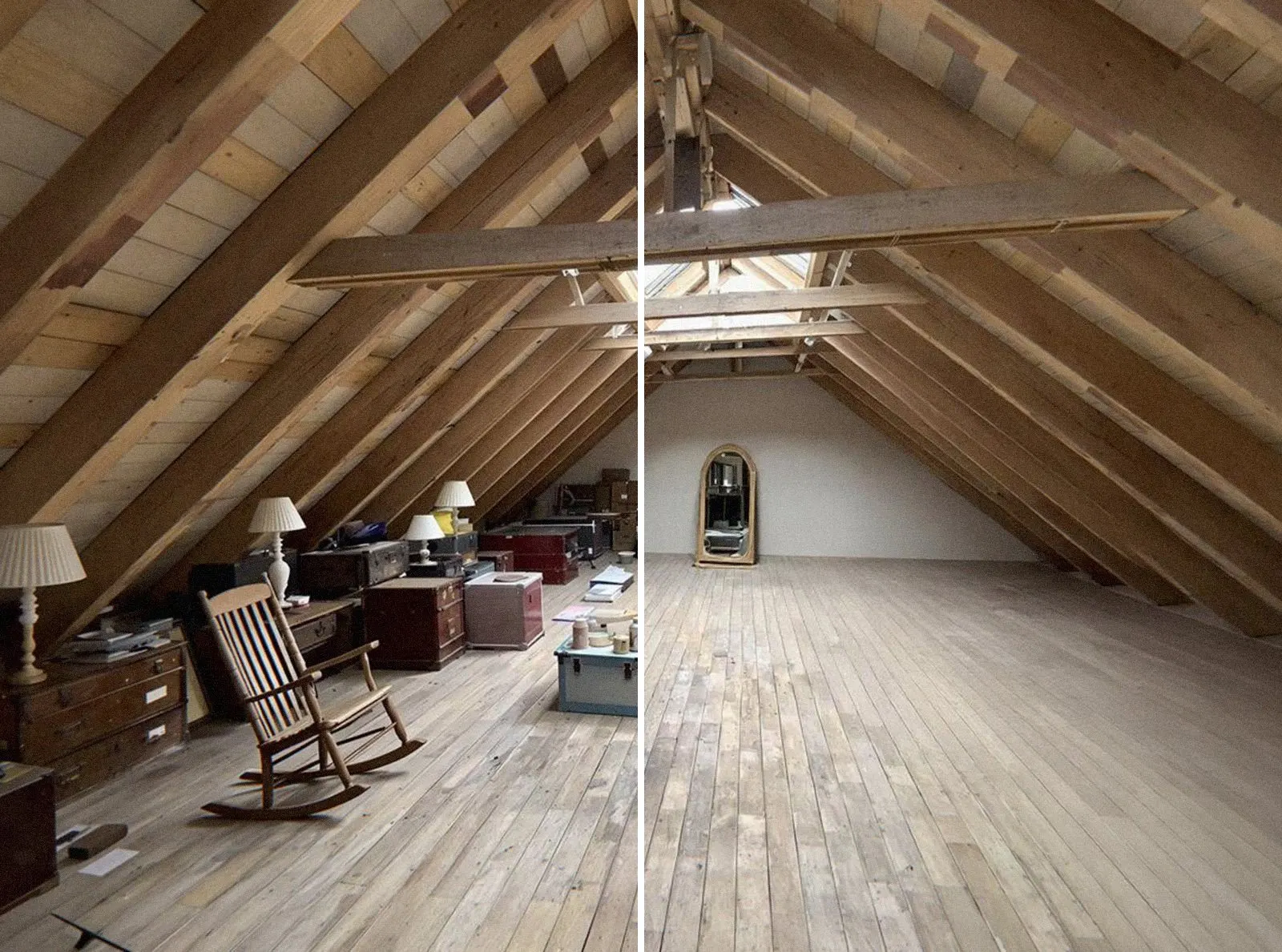 Grenier d'une maison près de Lyon avant et après le débarras : malles et meubles à gauche, plancher dégagé à droite