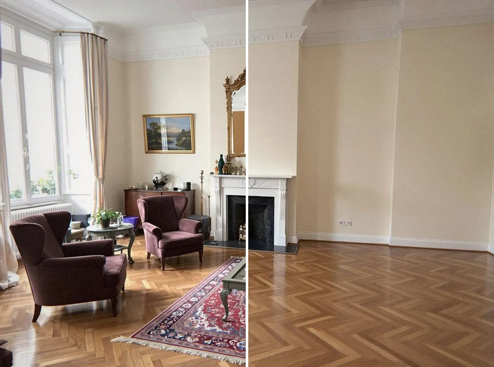 Salon d'une maison de Lyon avant et après le débarras : à gauche la pièce meublée, à droite la même pièce vidée, parquet dégagé