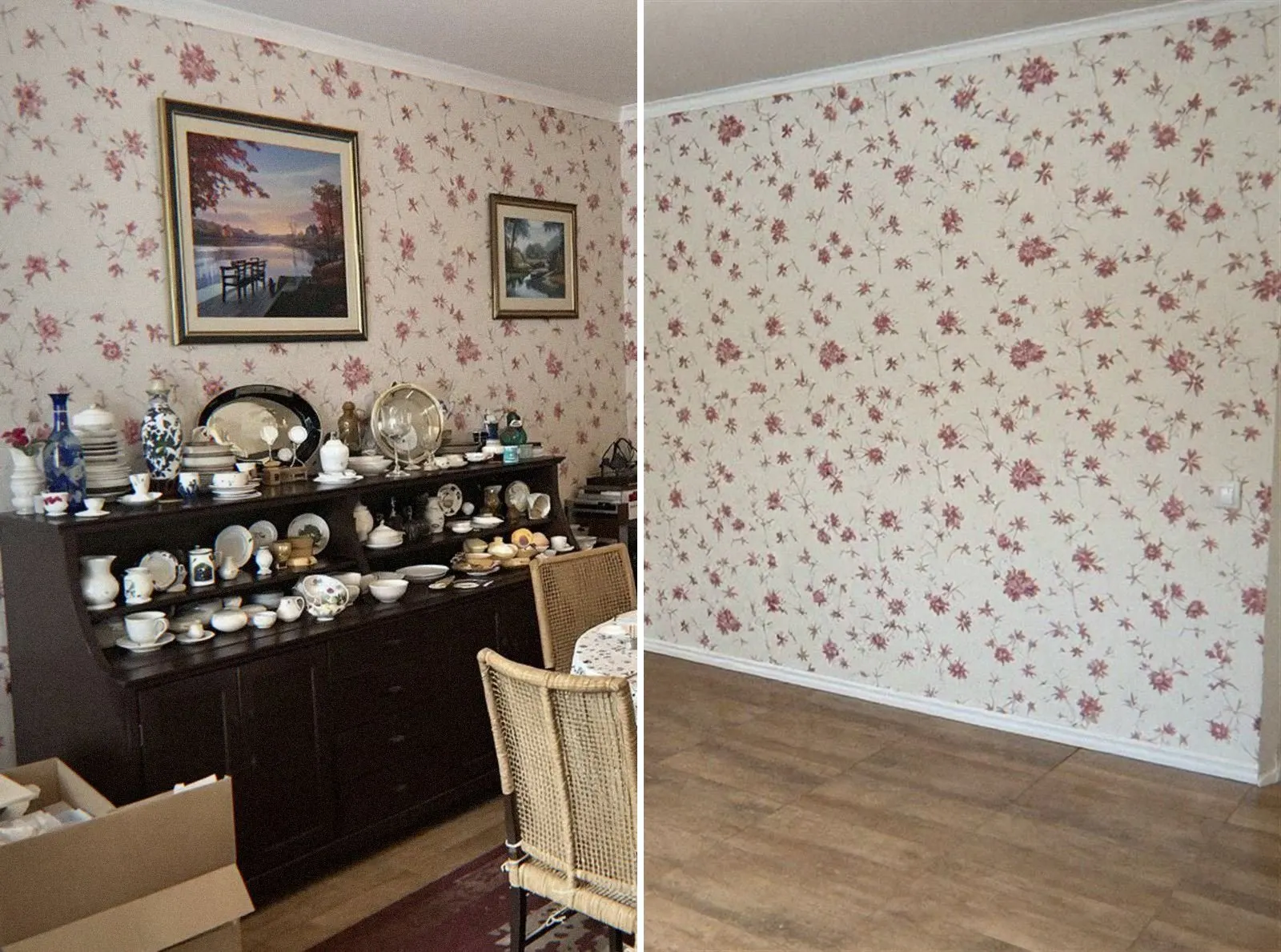 Salle à manger d'une maison de Lyon avant et après le débarras : meubles et vaisselle à gauche, pièce vidée à droite