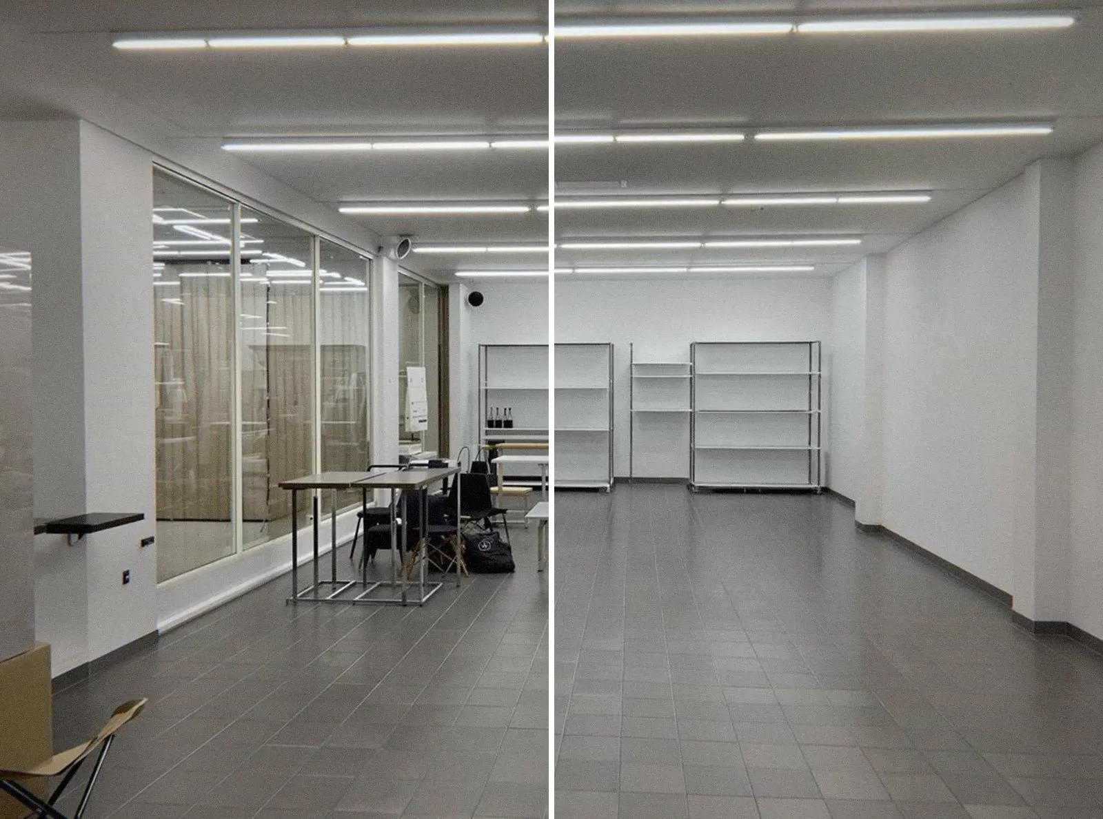 Local commercial de Lyon avant et après un débarras professionnel : rayonnages à gauche, local vidé à droite