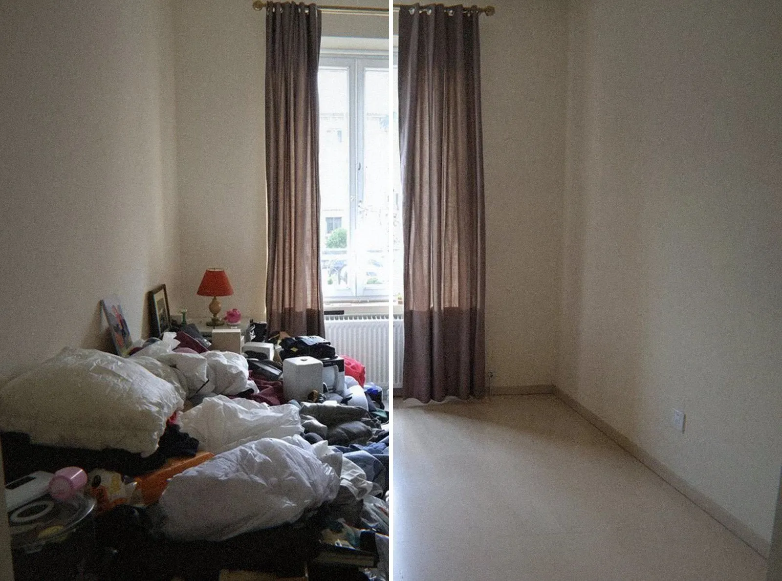 Pièce saturée d'objets à Lyon avant et après un débarras de syndrome de Diogène